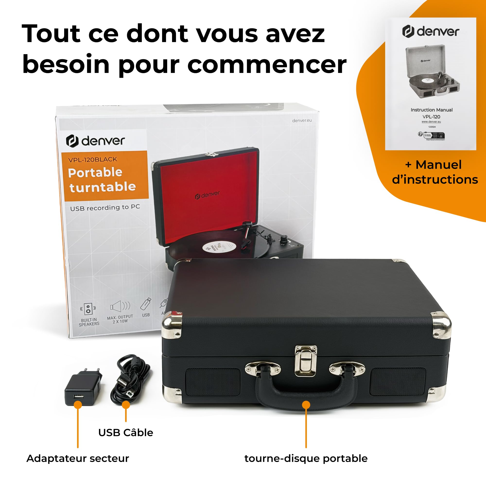 Denver VPL-120BLACK Platine Vinyle rétro 3 Vitesses 33/45/78 TR/Min, Haut-parleurs intégrés, Enregistrement USB vers PC, Noir