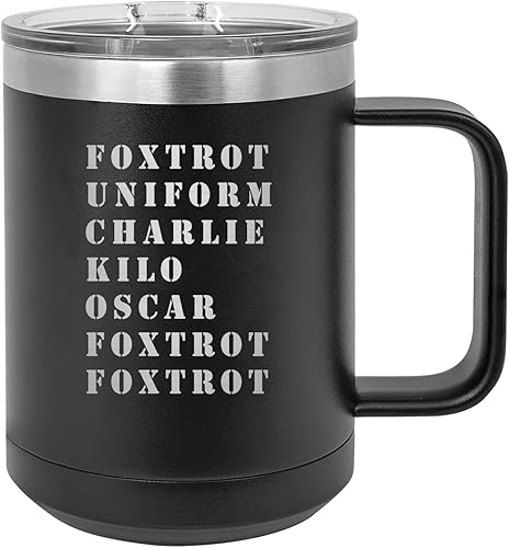 Rogue River Tactical Divertida taza de café negra de acero inoxidable con siglas militares Foxtrot Off Militar con tapa, gran idea de regalo para