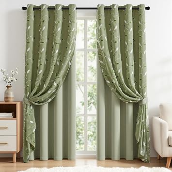 MIULEE Sage Green Double Layer Patterned Blackout Curtains 52" W x 84" L