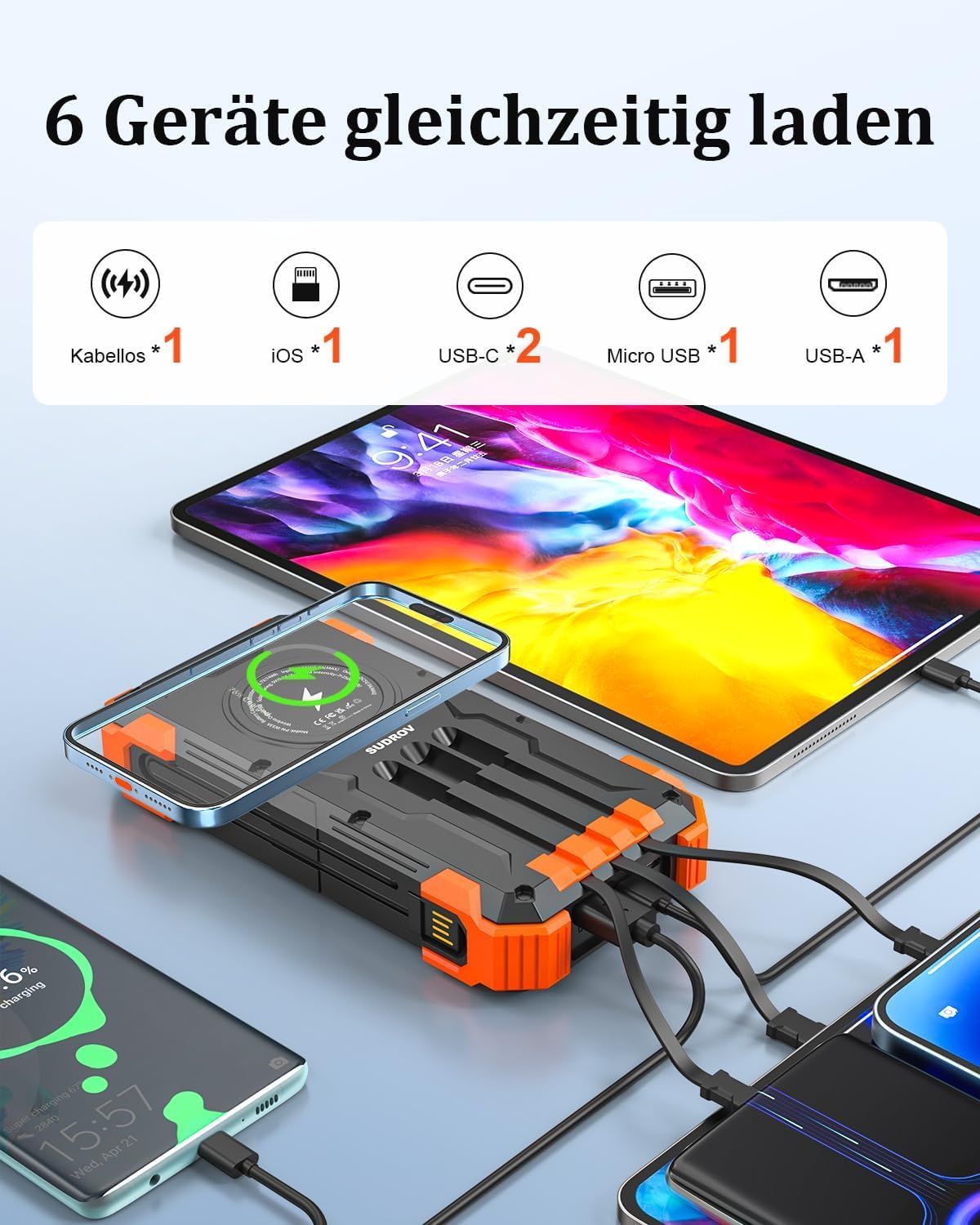 Power Bank Solaire 26800mAh - Chargeur Portable avec 4 Câbles Intégrés, USB-C Rapide, Charge sans Fil, LED Torche, pour Téléphones, Tablettes & Camping