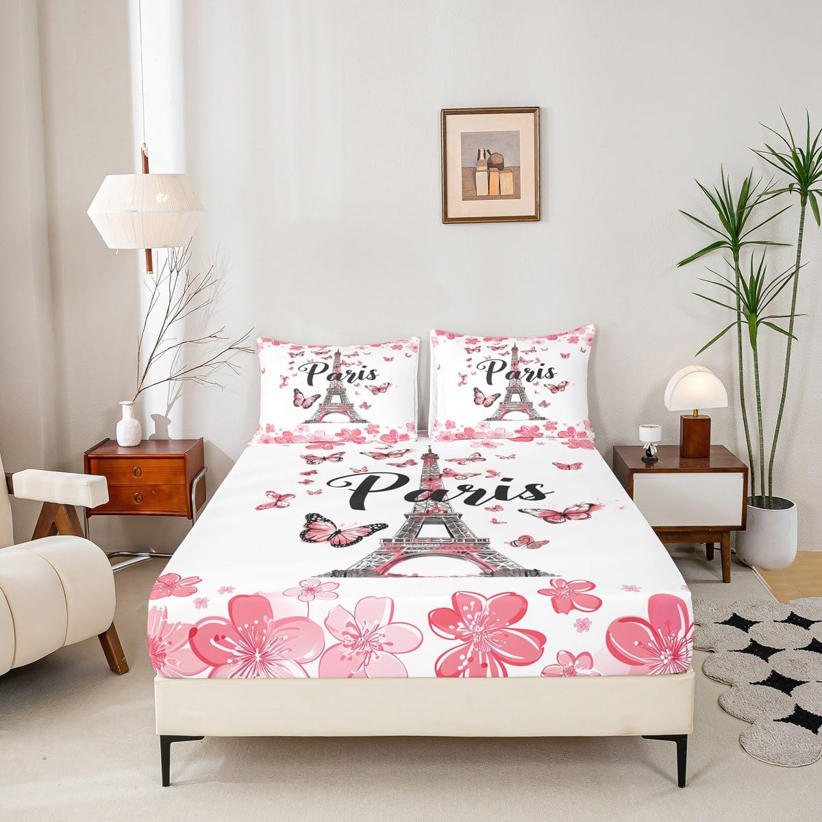 Eiffel Tower Fitted Sheet Full Size Watercolor Cherry Blossom Bedding Set 3Pcs(No Flat Sheet) Wild Butterfly Animal Bed Sheet for Girls Teens Room Decor Paris Romantic Deep Pocket Sheet