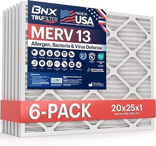 BNX Paquete de 6 filtros de aire MERV 13 de 20 x 25 x 1 pulgadas, fabricados en Estados Unidos, filtros de aire acondicionado electrostáticos