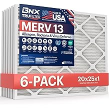 BNX TruFilter 20x25x1 Air Filter MERV 13 (6-Pack) - MADE IN USA - Electrostatic Pleated Air Conditioner HVAC AC Furnace Filters for Allergies, Pollen, Mold, Bacteria, Smoke, Allergen, MPR 1900 FPR 10