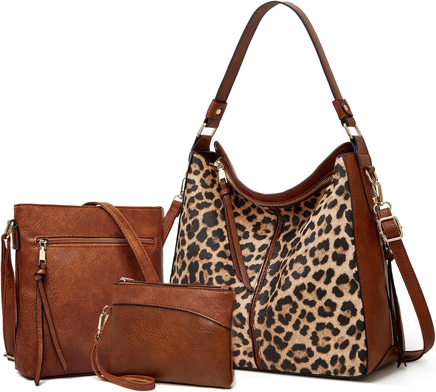 KingTo Women's 3pcs Cow Print Tote Handbag Set Soft Leather Crossbody Shouler Bag Purse with Wallet