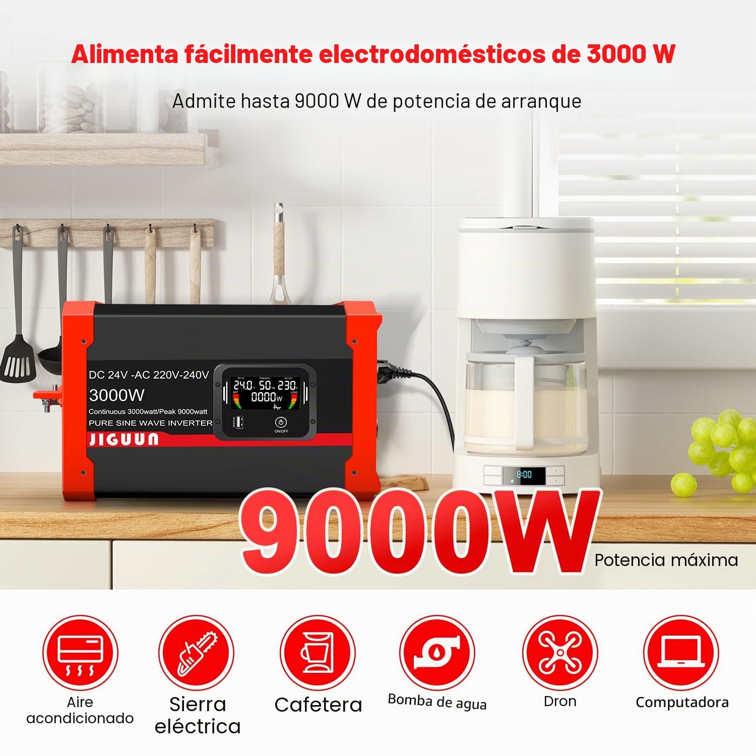 JIGUUN 3000W/9000W Inversor 24V 220V Onda Pura Convertidor Inverter con 2 Tomas EU y 3 Puertos USB y Tycp-C, Adecuado para Autocaravana, Camiones, Camping, Sistemas Fuera de la Red y más (3000W24V)