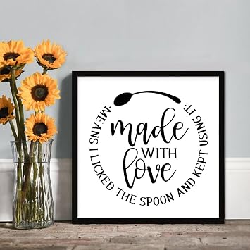 Made with Love Means I Licked The Spoon Framed Wooden Sign Motivational Saying Decor for Living Room Bedroom Office Kitchen Dorm Farmhouse Rustic Wall Art Home Decor 8"x8"