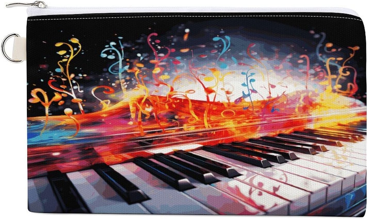 Colorful Piano Keyboard Music Note Coin Purse with Zipper Pouch Change Wallet Travel Money Pouch Fashion Canvas Document Bag Bank Bags Portable Checkbook Cover Money Bag for Invoice Passport
