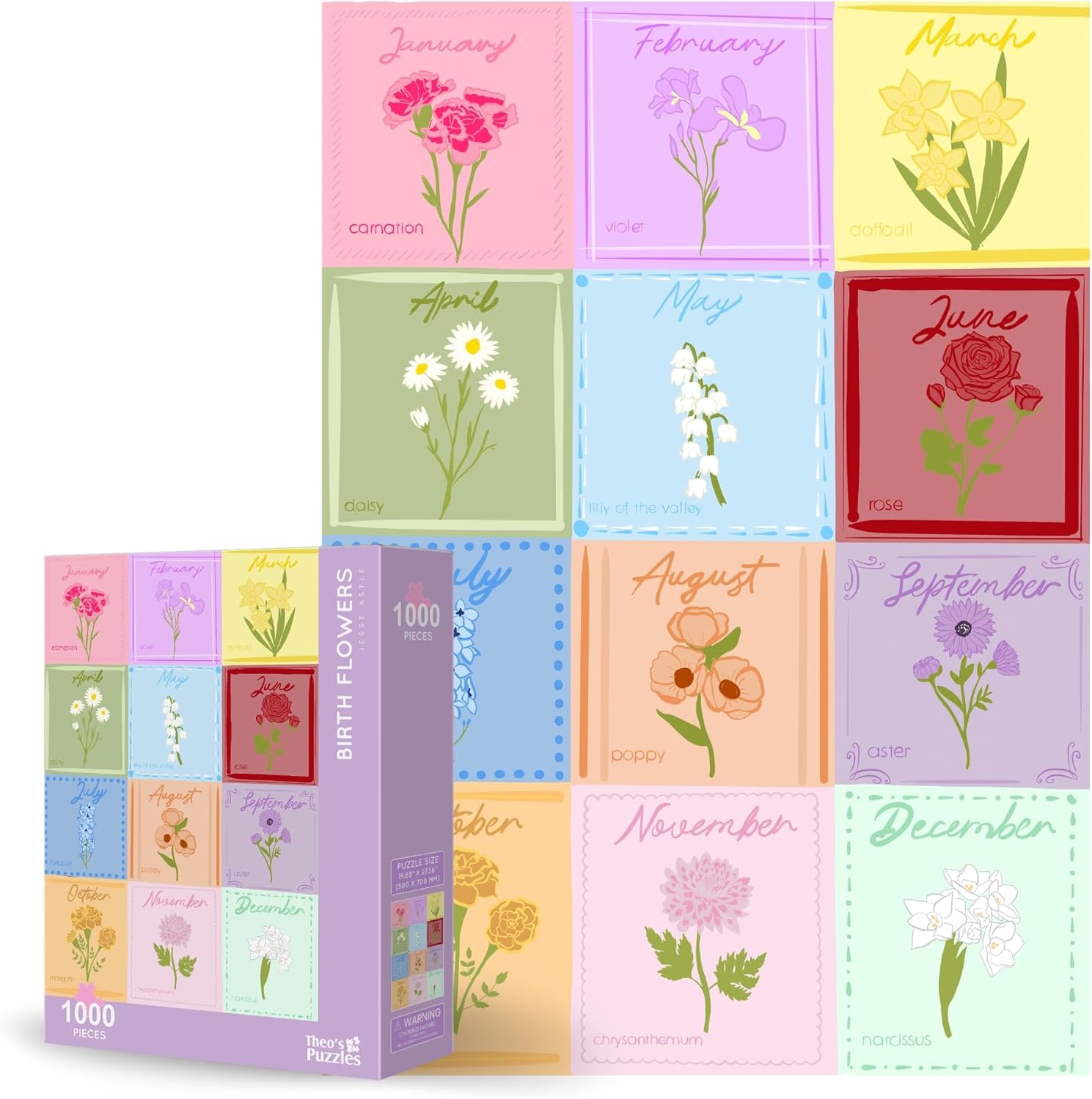Theo's Puzzles Birth Month Flower Puzzles for Adults 1000 Pieces - Smooth Edged, High Resolution Puzzle; Matte Finished, Zero Dust Jigsaw Puzzle