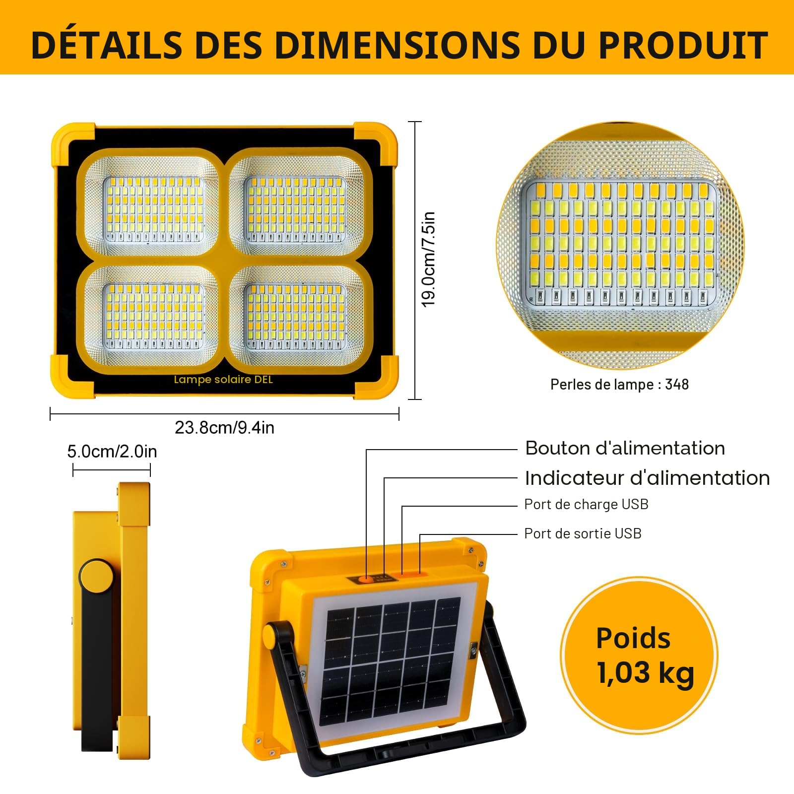 Projecteur Led Rechargeable 100W: Projecteur Led Chantier | avec Panneau Solaire - 12000mAh USB Lampe Chantier 4 Mode d'éclairage Idéal pour Camping Travail Garage Atelier