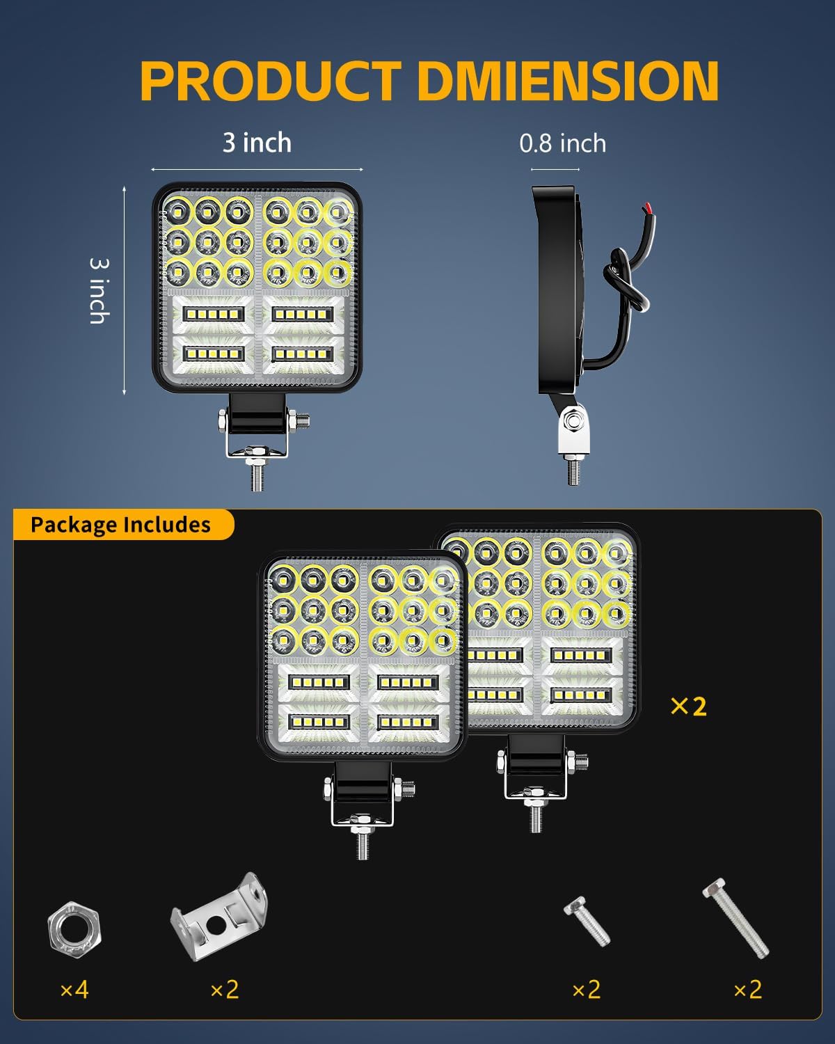 2 PCS 3.5 Inch LED Light Pods, 12W Tractor Work Light 9-80V, Square Flood LED Off Road Backup Lights for Truck ATV UTV Boat Mower Golf Cart