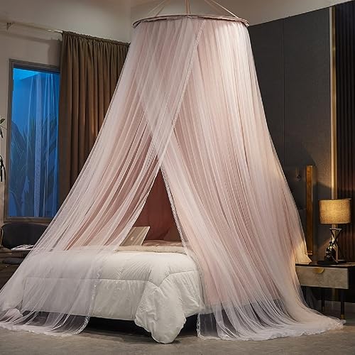 Vista 2 de Kertnic Toldo de cama de lujo para niñas y adultos, toldo de princesa de doble capa con encaje, mosquitera de cúpula redonda para tienda de campaña