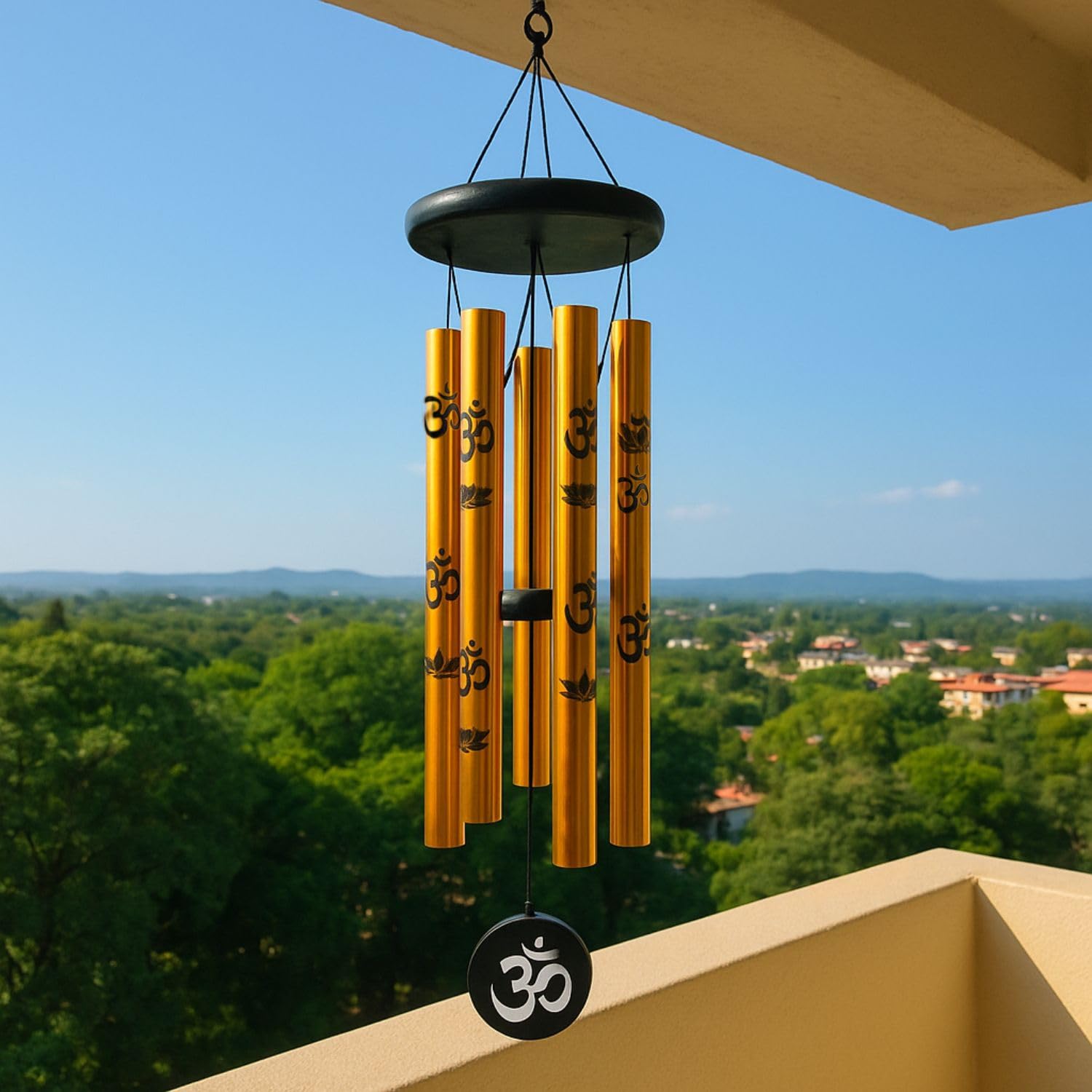 sculpmart 27inch Big Wind Chime for Home & Balcony Hanging - 5 Pipe OM Design Wind Chime for Positive Energy & Melody Sound (Golden)