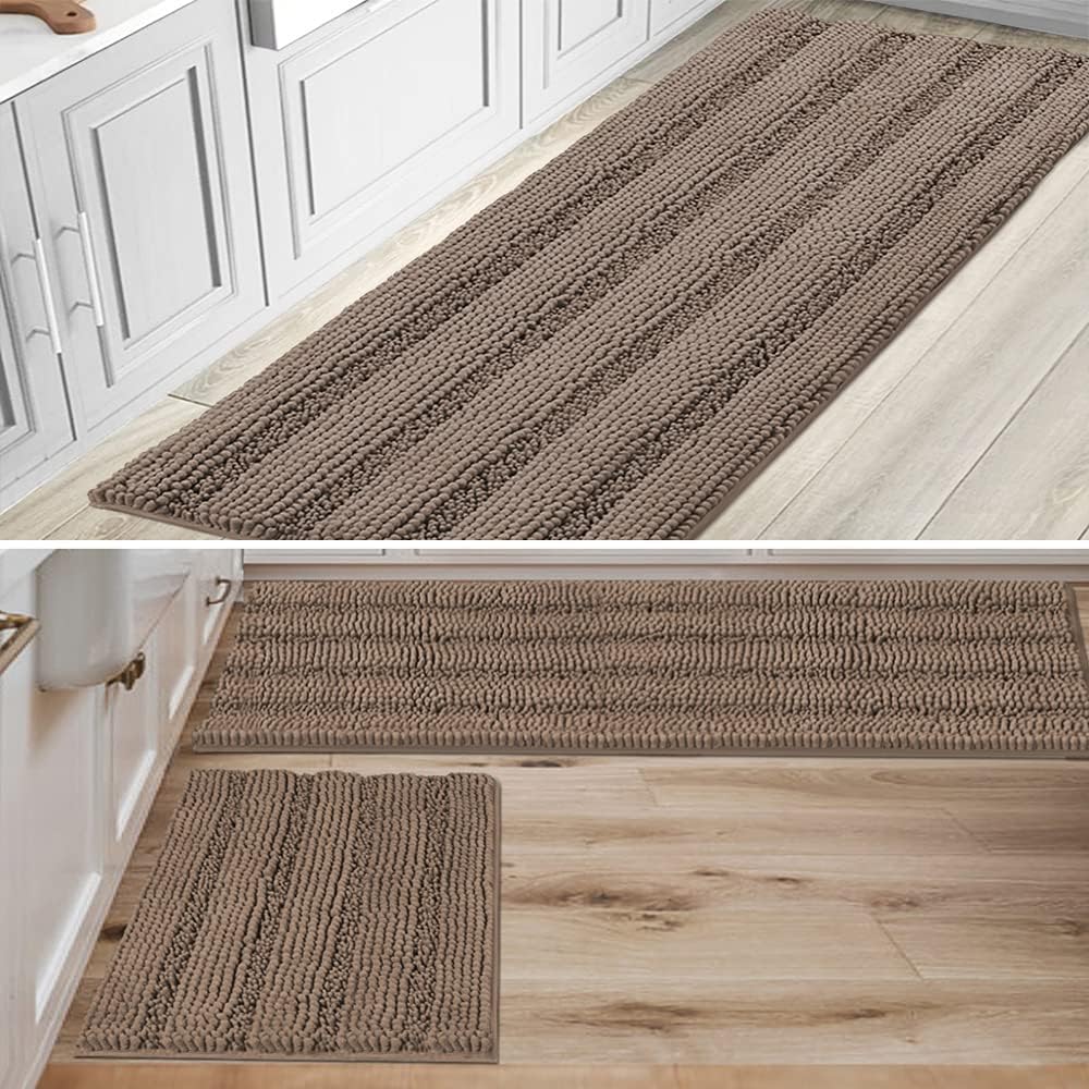 H.VERSAILTEX Item Striped Chenille Rug Pack 2-47" x 17"/17" x 24" and Pack 1-59" x 20" Bundle, Taupe Brown