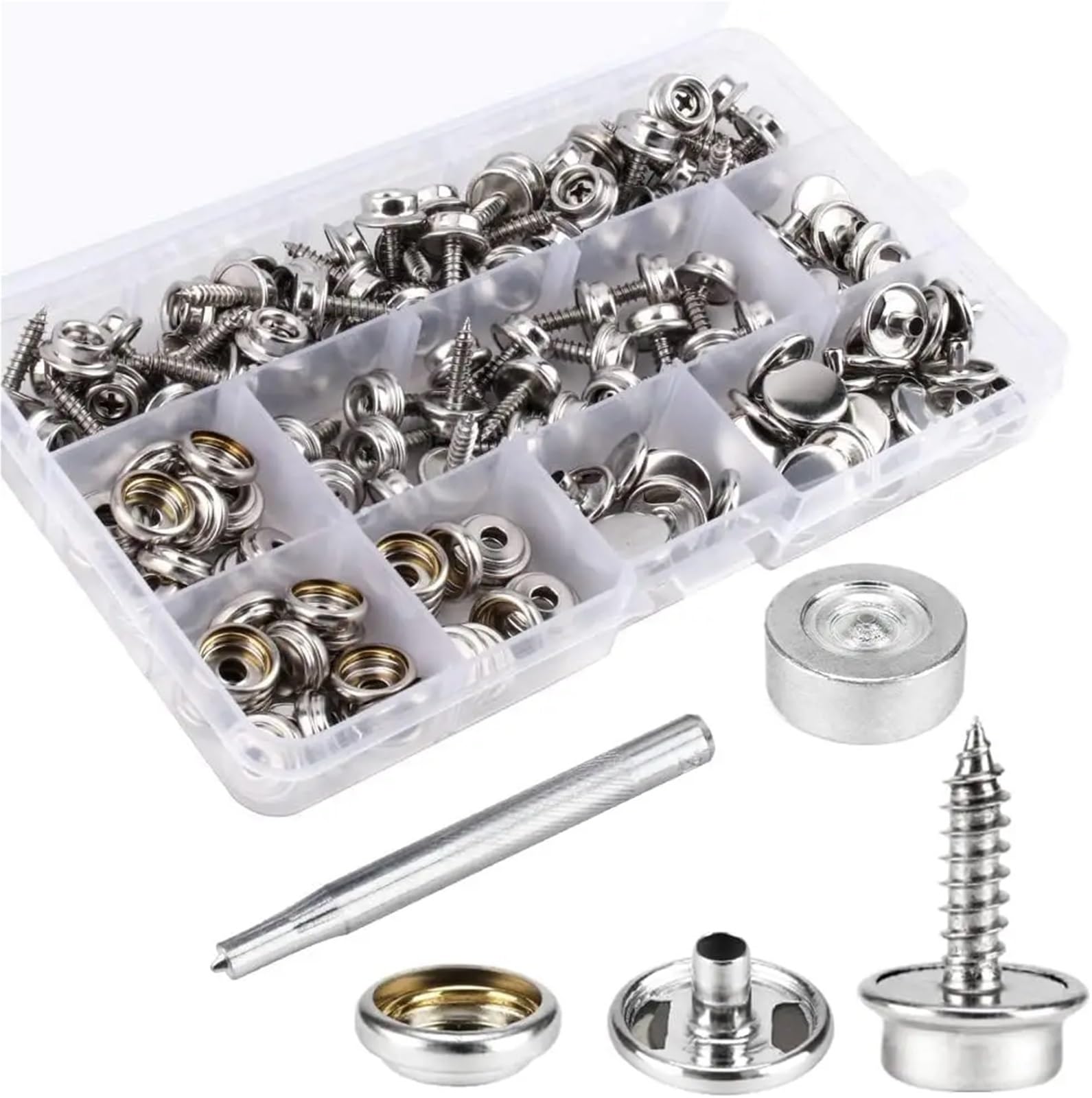 Kit de 150 broches for lona, ​​tornillos metálicos, grado marino, 3/8", acero inoxidable, con herramienta ajuste(Black)