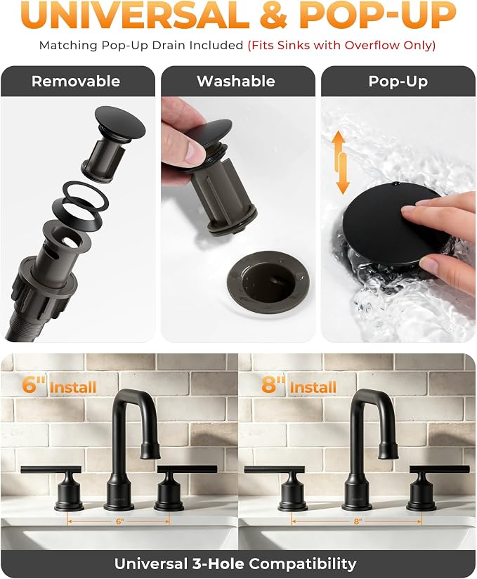 Grifería de baño 3 orificios 8 pulgadas negro mate miniatura 8