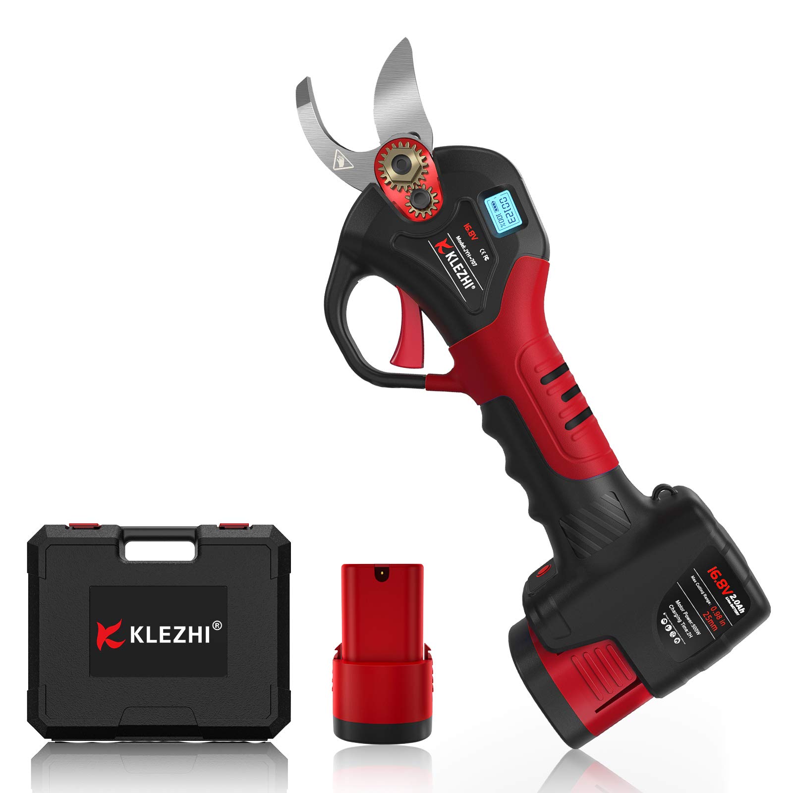 Tijeras de Podar Electricas con Pantalla LED, Podadora con Bateria Profesional, Bateria Litio 2Ah Recargable con 2 Repuestos, Diámetro de Corte 25mm, 3-5 Horas Laborales, Negro