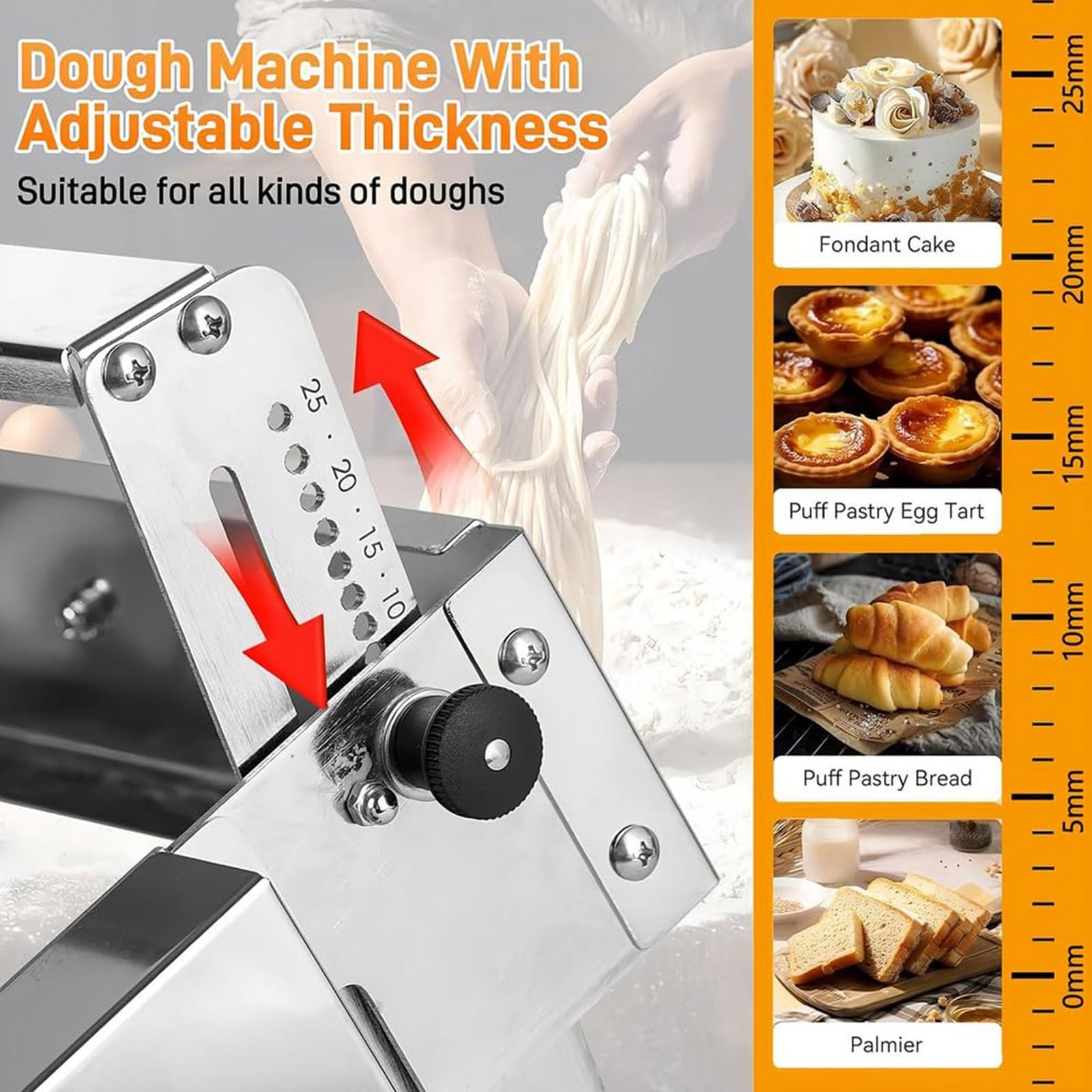 Máquina laminadora de masa, rodillo de repostería plegable manual de acero inoxidable con grosor ajustable de 0,5 a 27 mm para panadería, pizza, croissant