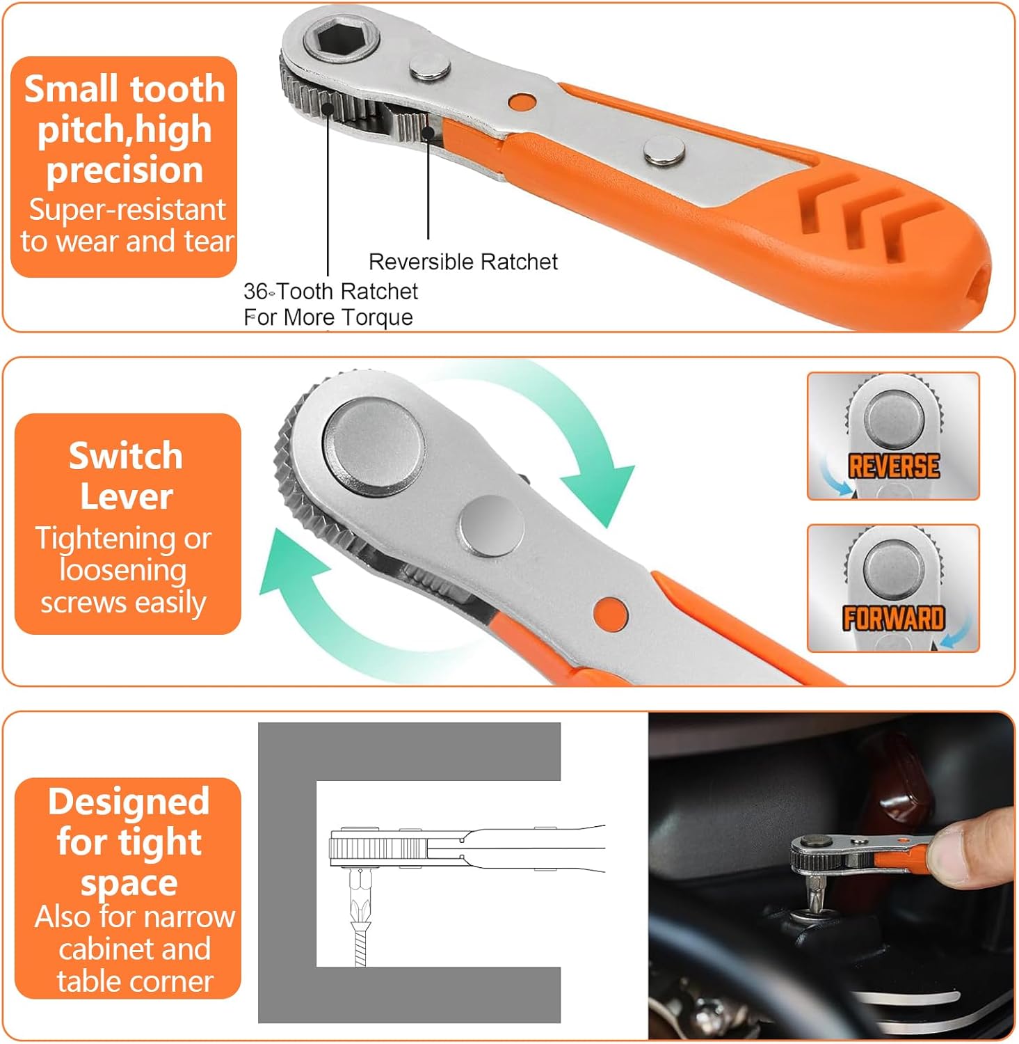 19in1 Right Angle Ratcheting Screwdriver Set，90 Degree Security Bit Set ，Magnetic Right Angle Screwdriver Low Profile，[Bearing Steel] ，36-Tooth Mini Ratchet Wrench, for Tight Spaces, Bike