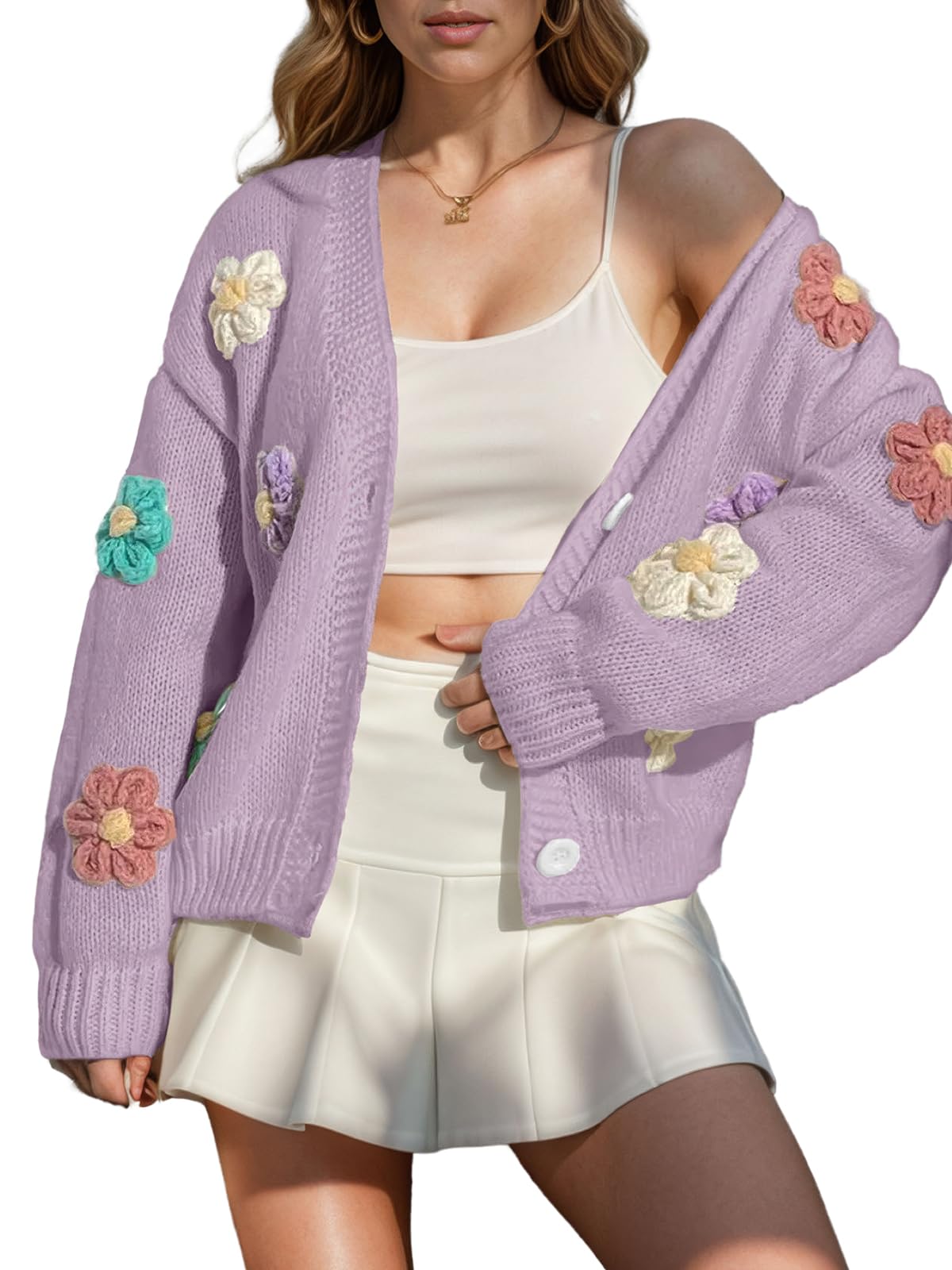 ebossy Womens Ribbed Knit Cardigans Embroidery Aesthetic Pretty Flowers Applique Button Up Sweater Coat