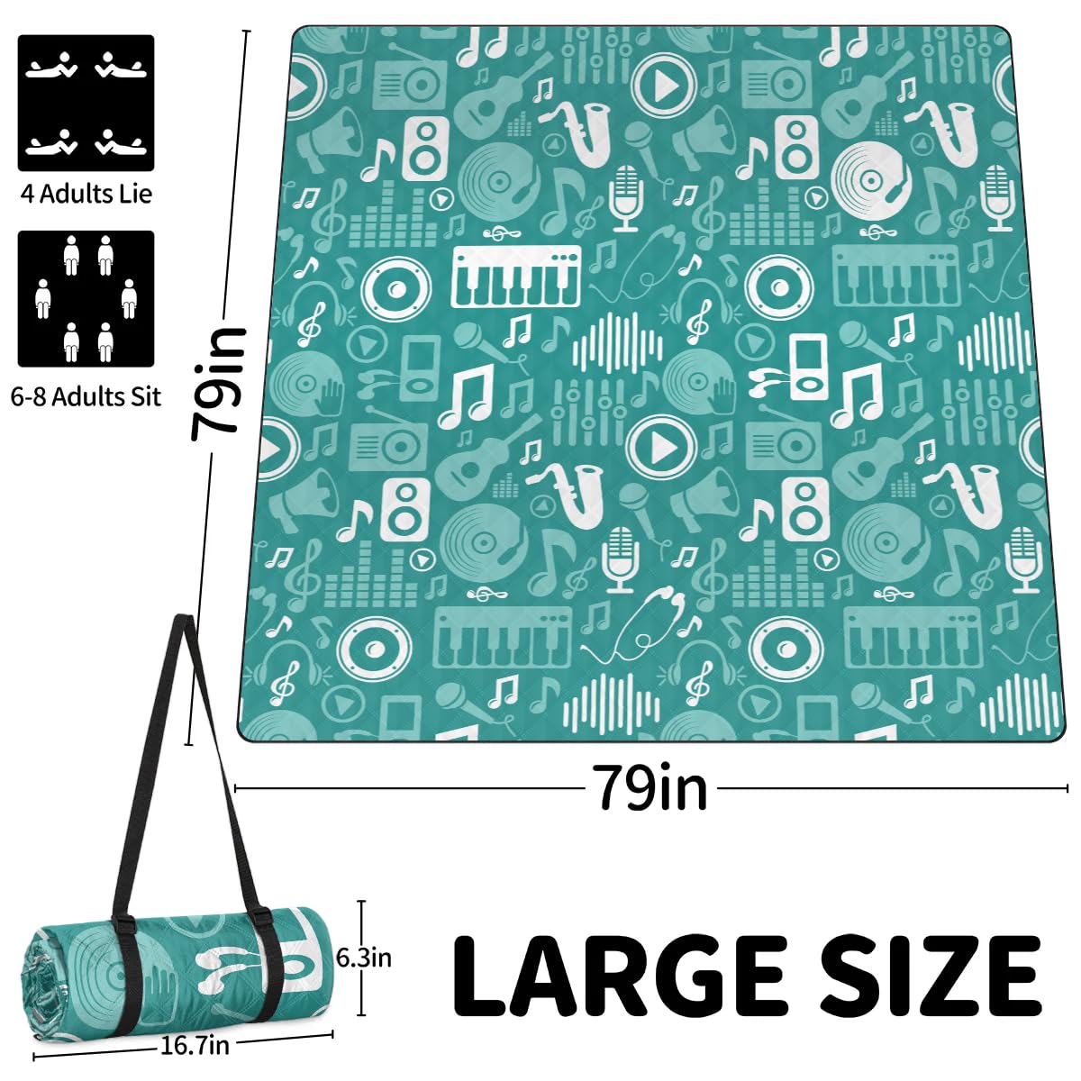 Coperta da picnic con note musicali, impermeabile, a prova di sabbia, pieghevole, da spiaggia, 200,7 x 200,7 cm, extra large, portatile, lavabile, per campeggio, parco, erba, escursionismo, viaggi