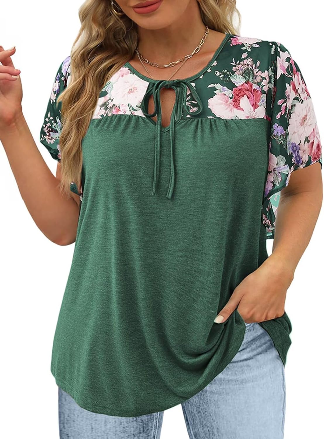 DOLNINE Women's Plus Size Tops Casual Summer Boho Floral Tunics Ruffle Sleeve Crewneck Loose Blouses Shirts