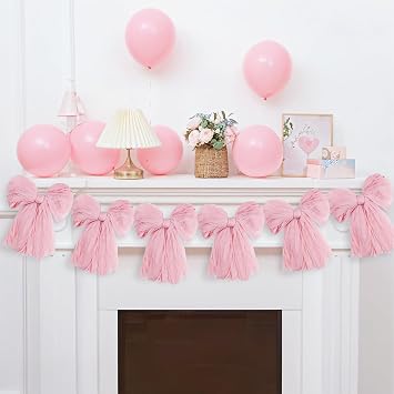 4.9ft Pink Bow Garland Banner Decorations - 1 String of 6 Pre-Strung Pink Bows Banner Party Hanging Swirls for Coquette Birthday Baby Shower Bridal Shower Wedding Bachelorette Party