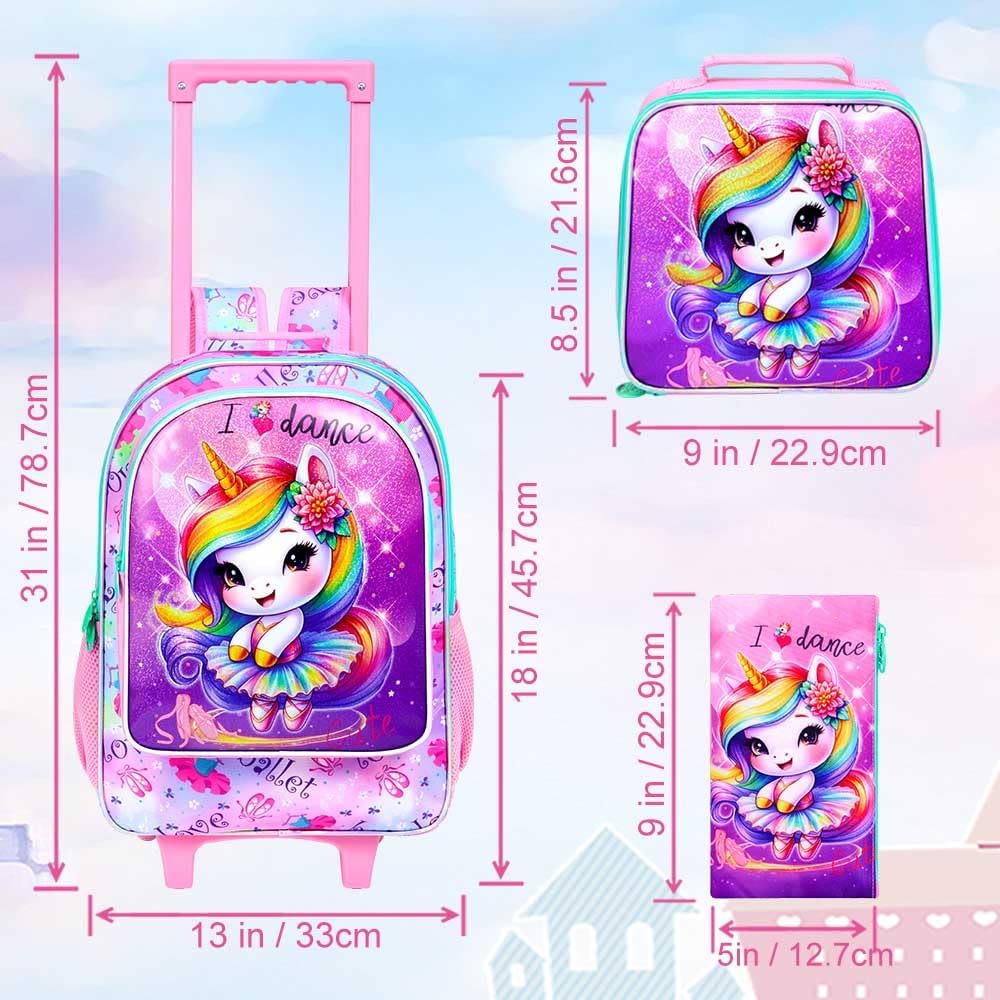WZLVO 4PCS Unicorn Rolling Backpack for Girls - Cute Wheeled School Set with Lunch Box,Water Resistant Roller School Backpack on Wheels for Elementary Kids Travel