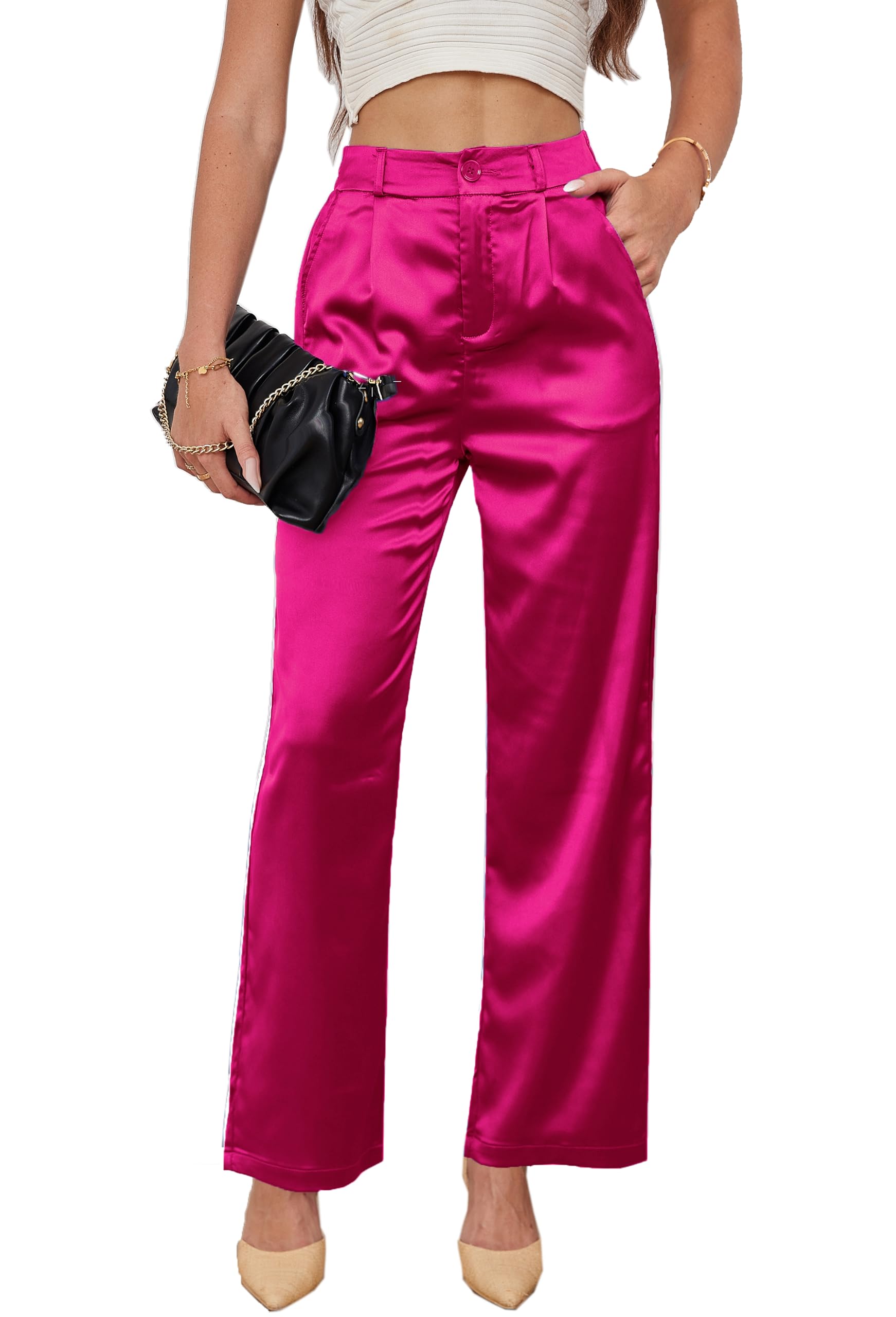 heipeiwa Pantalones de satén para mujer, estilo informal, plisados, de cintura alta, con bolsillos