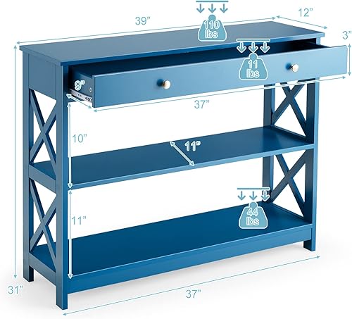 Miniatura 12 de Giantex Mesa de entrada de 3 niveles con almacenamiento, mesa consola estrecha con cajones y estantes, mesas auxiliares de sofá de diseño X para