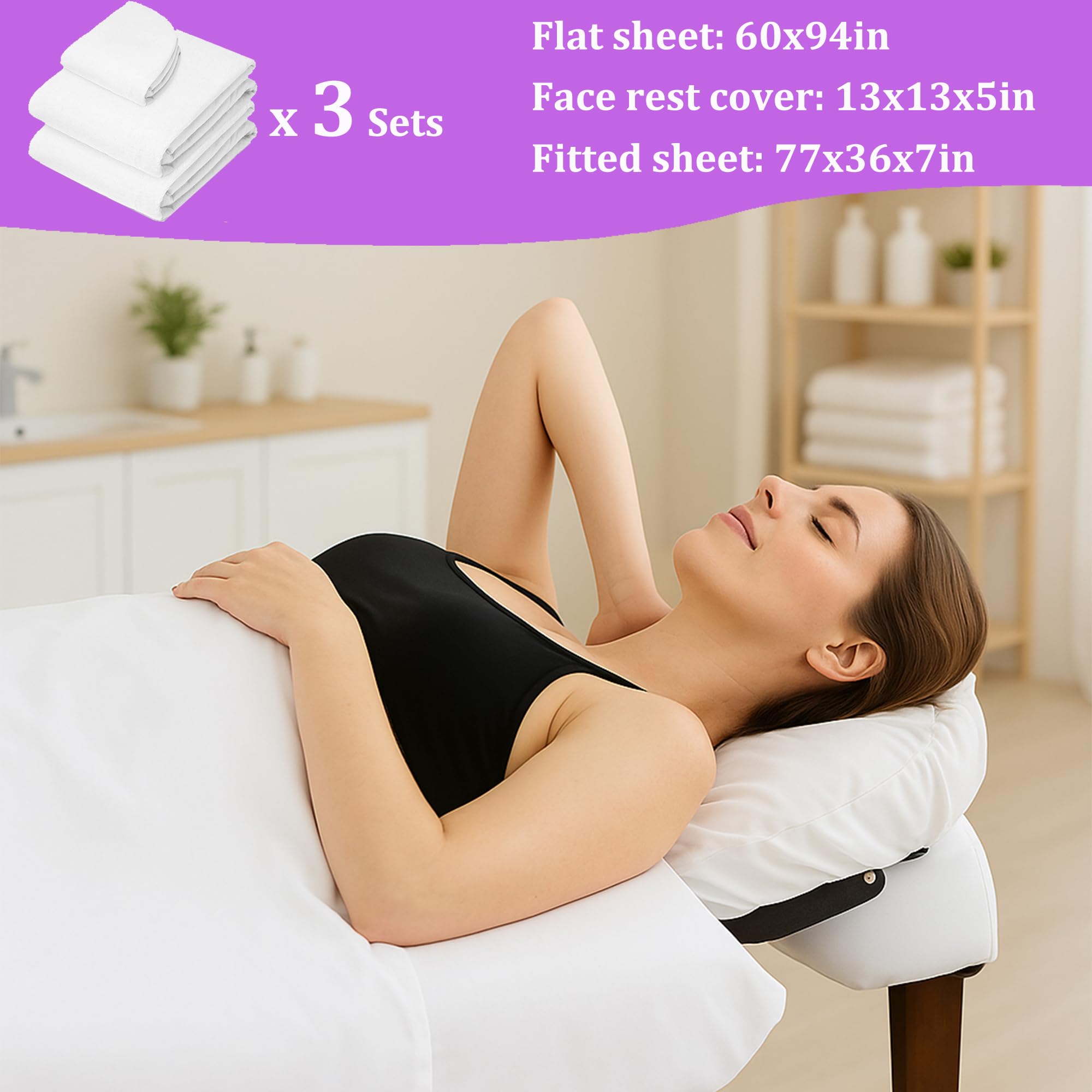 Lot de 3 draps de table de massage - Chaque lot comprend 3 pièces (drap plat, drap-housse, housse pour repose-visage) - Microfibre blanche pour spa et usage professionnel