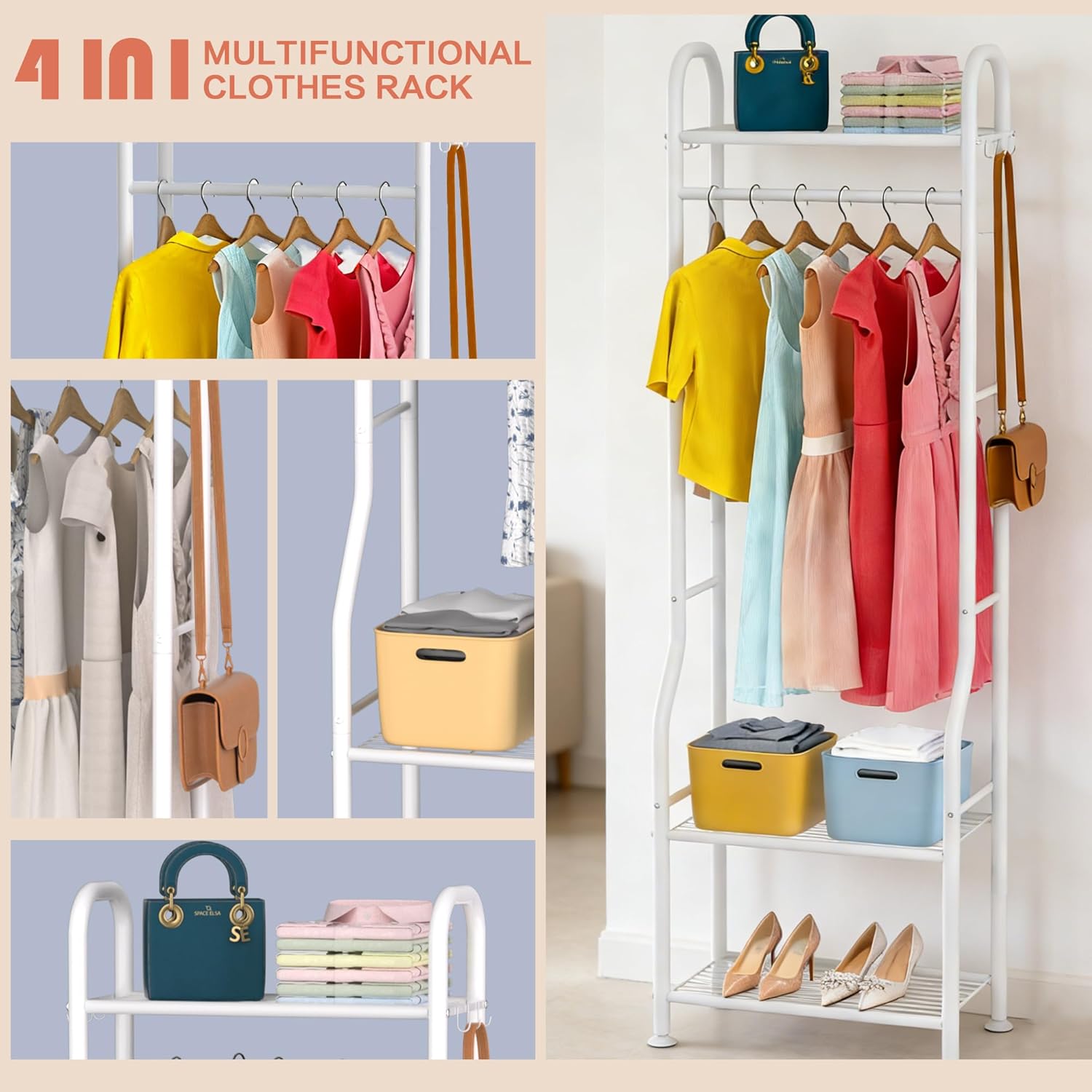 Narrow Clothes Rack - Clothing Rack with 3 Tier Metal Shelves, 71.9 Inch Tall Garment Rack with 8 Hooks, Freestanding Closet Organizer with Adjustable Leveling Feet for Small Space (White)
