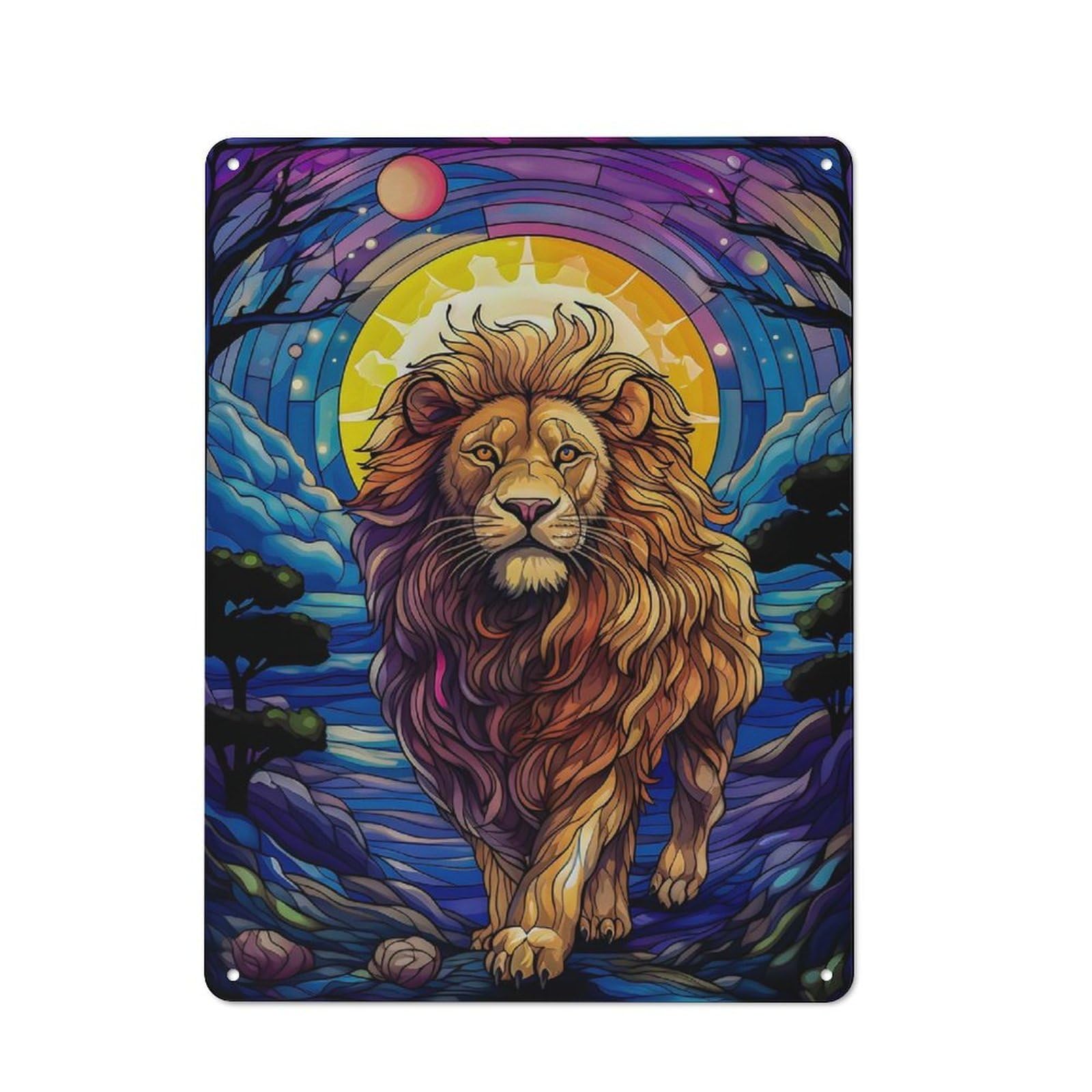 Junmoney Abstract Lion Stained Glas Vintage Tin Sign 40X30cm Featuring For Workshop Wall, Gift For Metal Sign Collectors During The Christmas Season