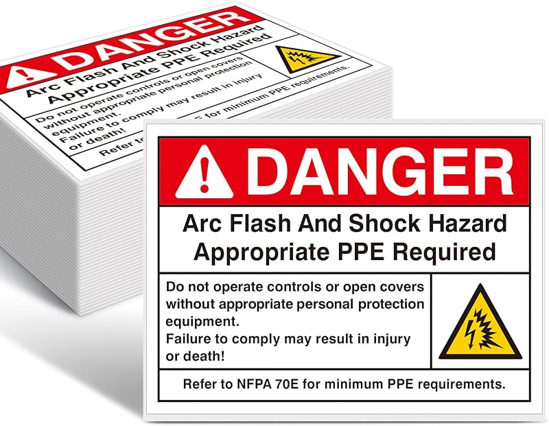 Novabright 100 Pack DANGER Arc Flash and Shock Hazard Label, 5 x 3.5 Inch | Appropriate PPE Required, Electrical Hazard Safety Sign, Vinyl Label, Workplace