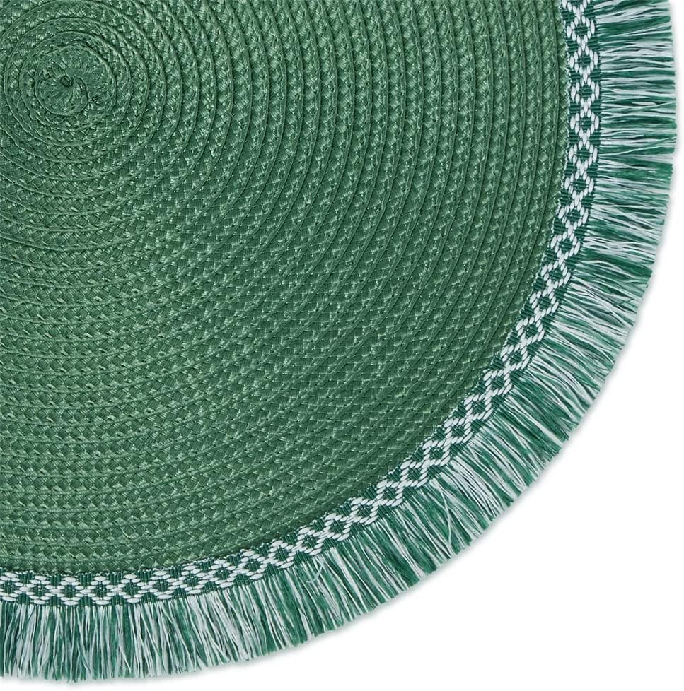 Fennco Styles Woven Textured Placemats with Fringe 15 Inches Round, Set of 2 – Green Braided Table Mats for Home, Dining Room Décor, Banquets, Indoor & Outdoor, Everyday Use and Special Events