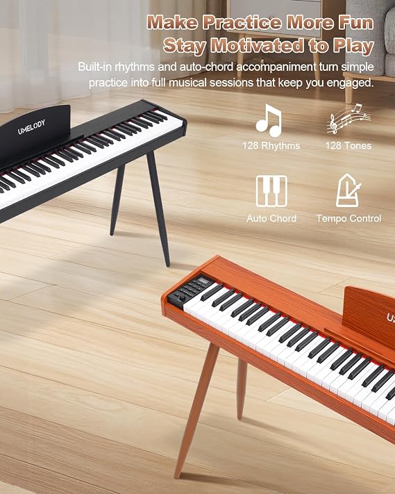 88 Key Digital Piano with Semi-Weighted Keys, Full Size Electric Keyboard for Beginners & Adults, Realistic Touch, Built-in Speakers, Sustain Pedal, Ideal for Home Practice & Learning, Brown