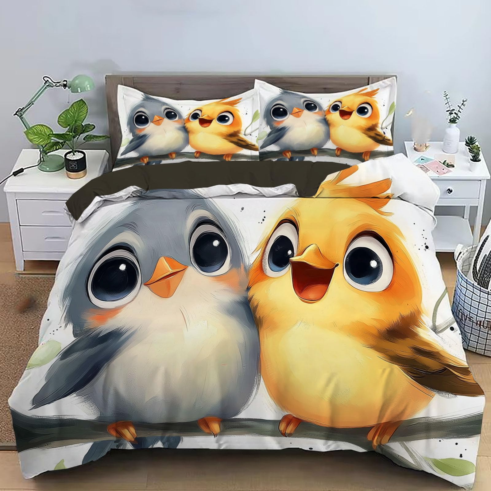 Parure de lit 220x240cm en microfibres avec sa housse de couette oiseau et deux taies jaune grisâtre