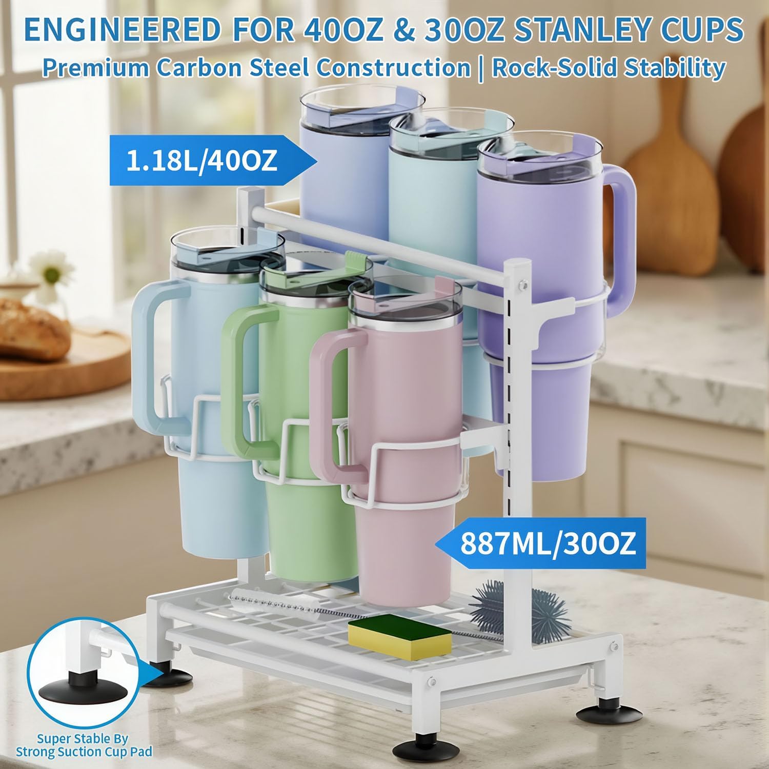Stanley Cup Holder Organizer & Drying Rack for 40oz/30oz Tumblers -2-in-1 Heavy Duty Countertop Storage with Non-Slip Base & Handle Slots, Includes Straw Cleaner Brush - Image 4