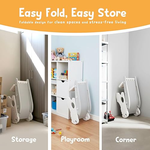 Miniatura 5 de Tobogán para niños pequeños de interior con pelota escaladora en blanco perla para niños, juego independiente para interiores con aro de baloncesto