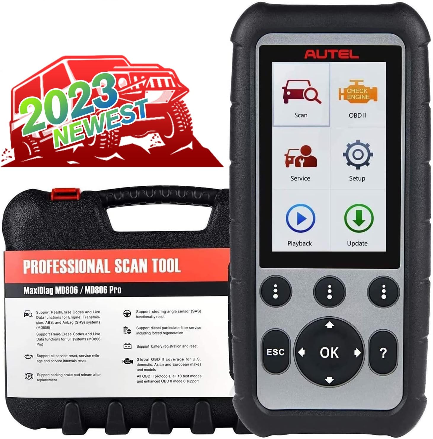 Autel MaxiDiag MD806 OBD2 Scanner, 2023 ABS SRS Engine Transmission Four Systems Diagnostic Scan Tool with Oil Reset, EPB, SAS, D-P-F, BMS, Auto VIN, Read/Clear Codes, Live Data, Freeze Frame Data