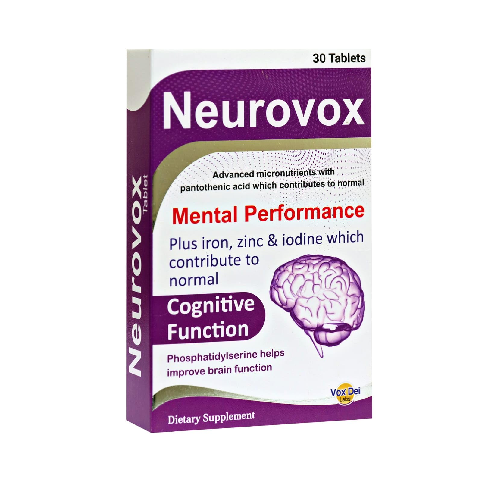 Neurovox Tablets - Advanced Brain Health & Cognitive Support with Pantothenic Acid, Iron, Zinc, Iodine & Phosphatidylserine | 30 Tablets