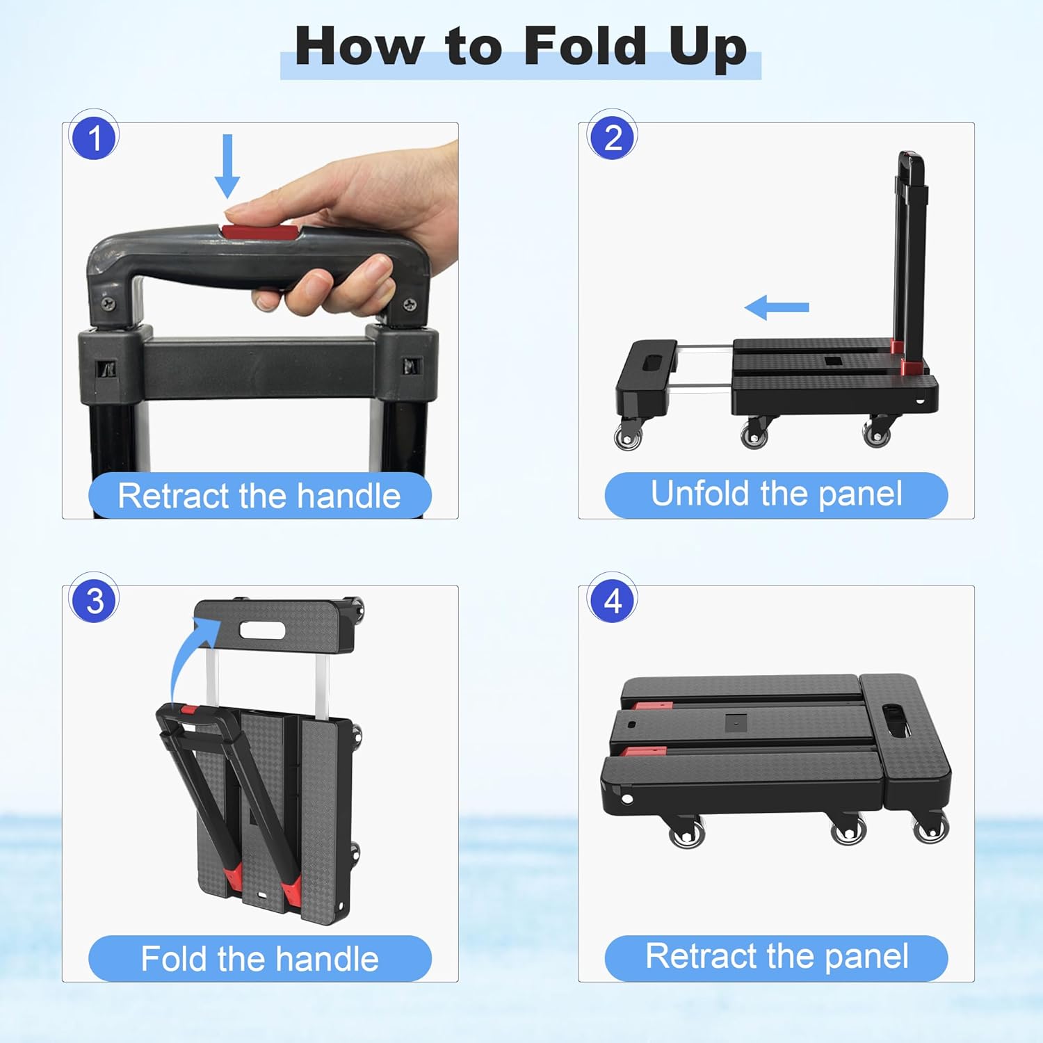 Folding Hand Truck, 500 LBS Heavy Duty Foldable Dolly Cart with Wheels, Telescoping Handle & 2 Elastic Ropes, Portable Luggage Cart for Moving, Travel, Home, Black Red