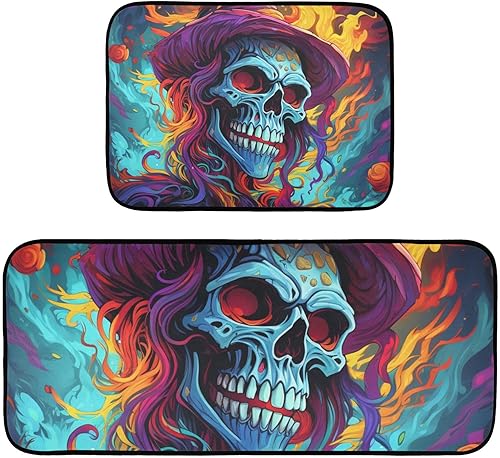Kitchen Mats for Floor 2 Piece Set Fantasy Skull with Hat Print, Anti Skid Cushioned Water Absorbent Kitchen Rugs Door Mat Floor Mats for Kitchen disponible en Yaxa El Salvador