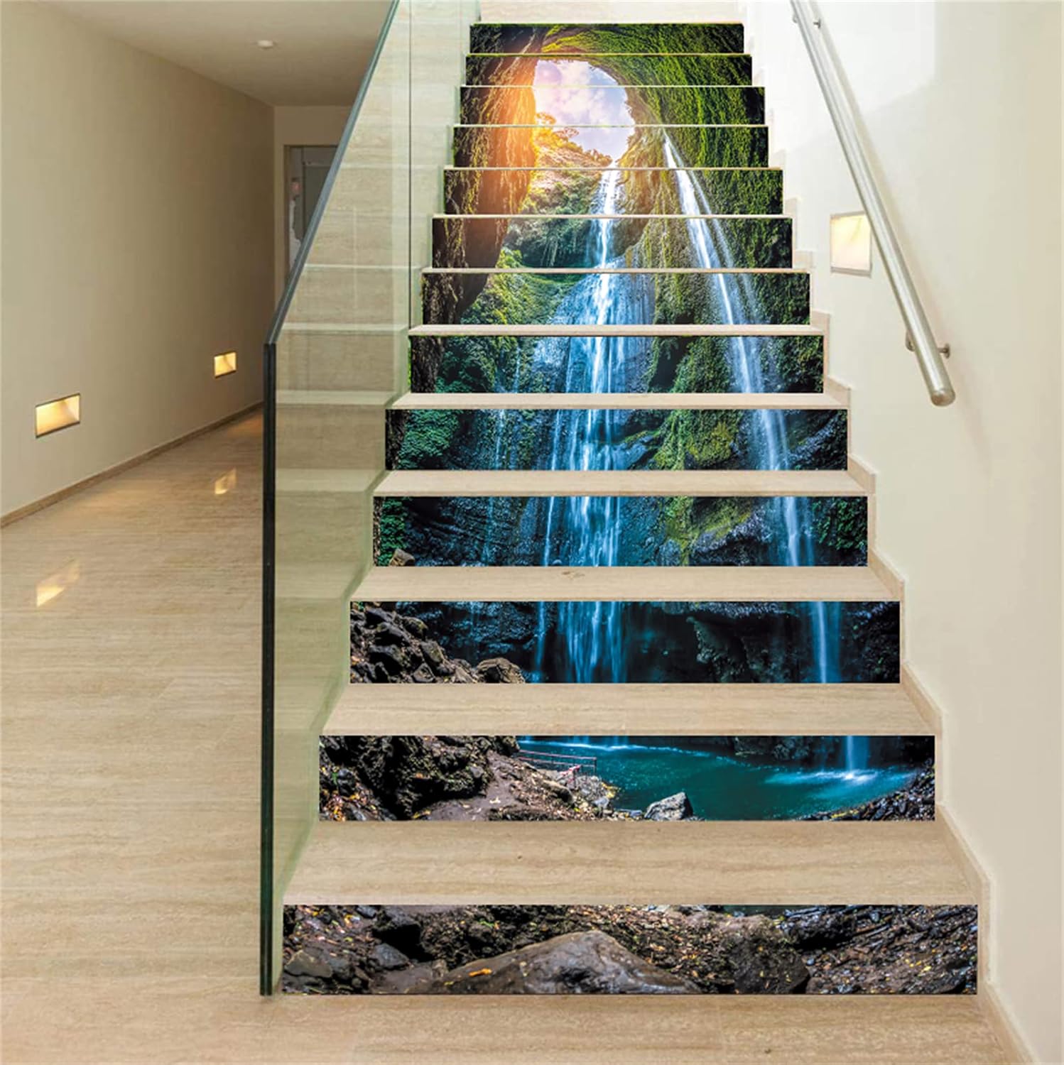 artfanke 13 pcs 3D Jungle Forest Waterfall Peel and Stick Stair Stickers- Self-Adhesive Stair Riser Stickers- Stair Decals for Home Office School Decor 39.37" x 7.08"