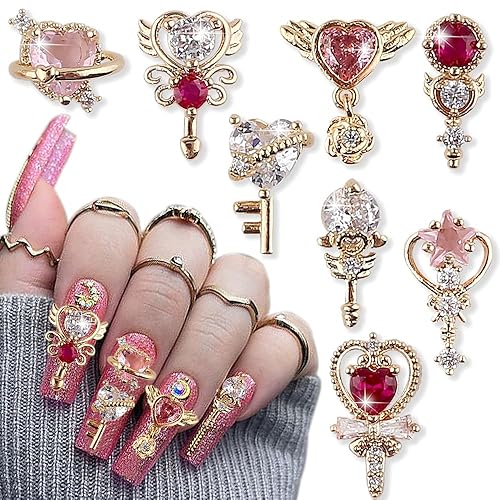 Dornail 8 dijes de uñas 3D con forma de cetro de corazón y circón, estrella de lujo, diamantes de imitación para uñas, corazones brillantes,