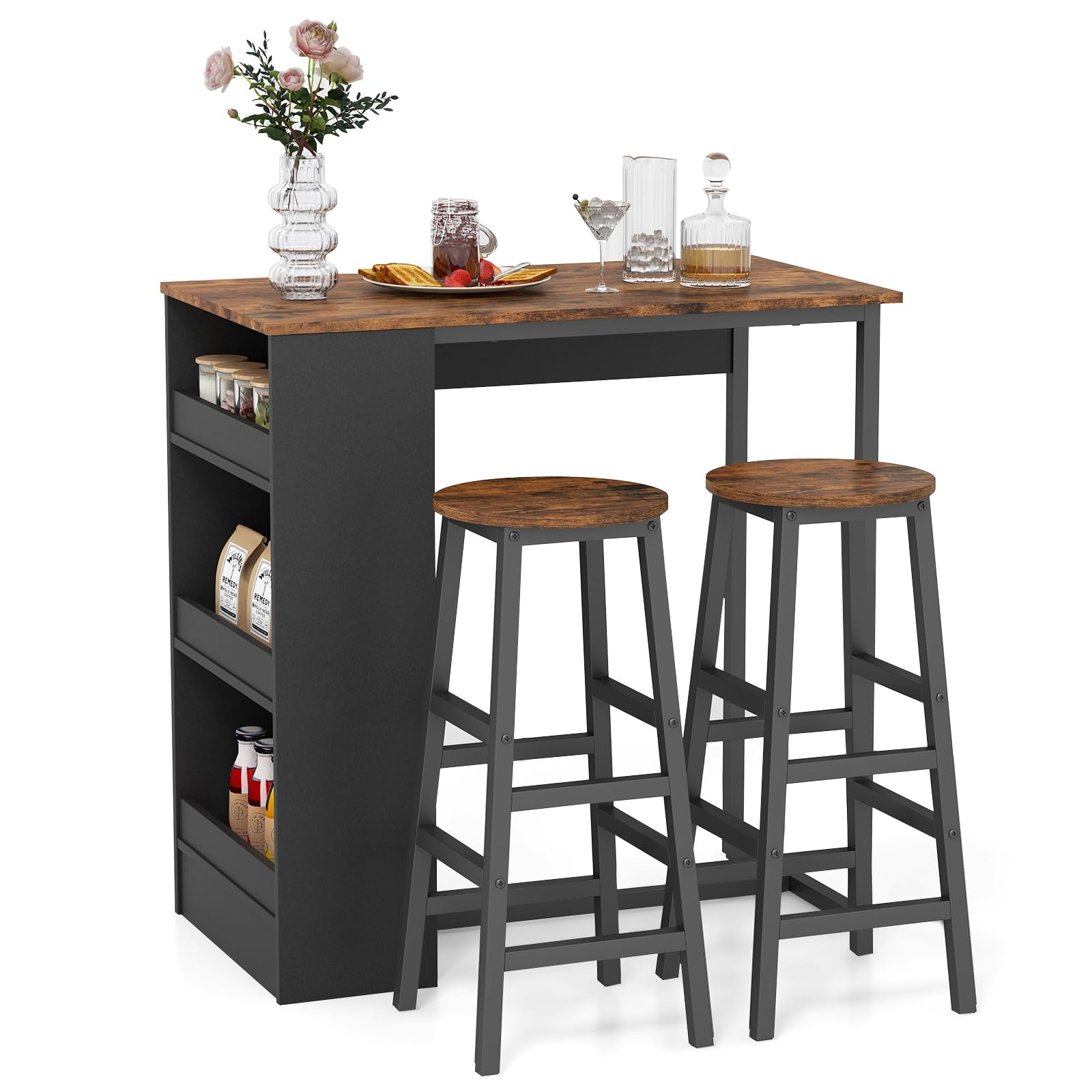 Bartafelset, bartafel met 2 barkrukken, eettafel, statafel met wijnglashouder en plank, keukentafel in industriële stijl, statafel voor bar, bistro en woonkamer (zwart