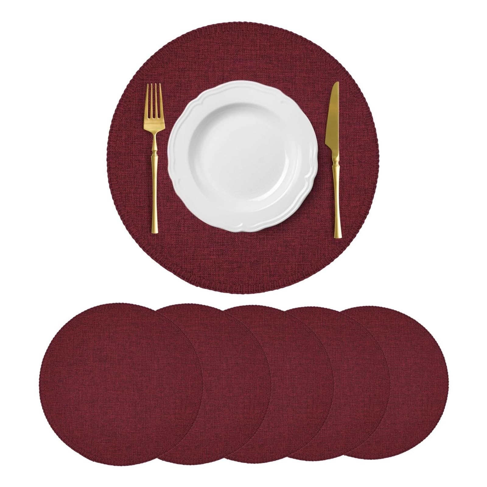 Zeahkri Wine Red Solid Color Placemats 4Pcs 15 Inch Round Linen Heat Resistant Placemat