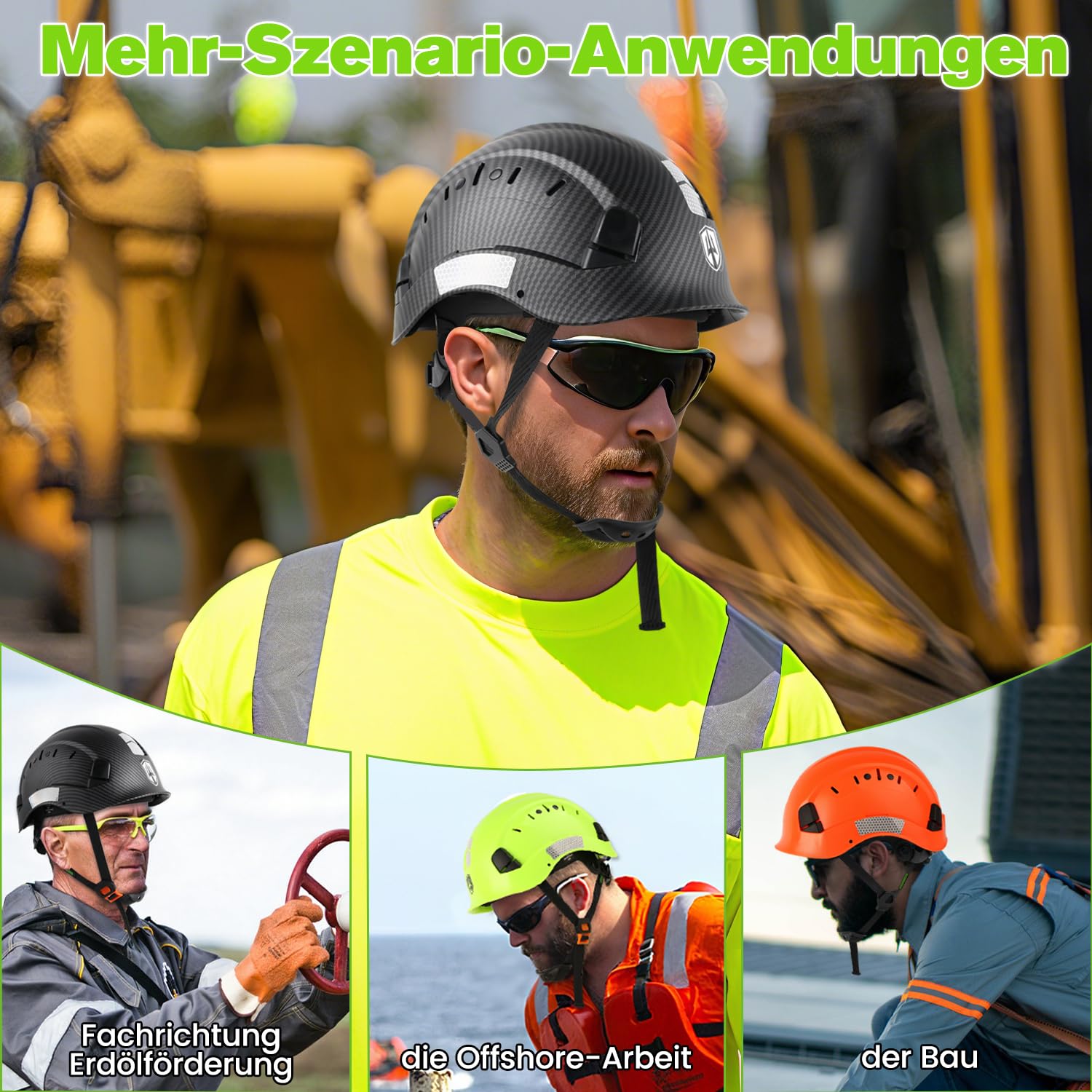 GREEN DEVIL Mervex Vent Set - EN397 zertifizierter Arbeitshelm für BAU & Industrie, 6-Punkt Aufhängung + Helmleuchte mit Bewegungssensor