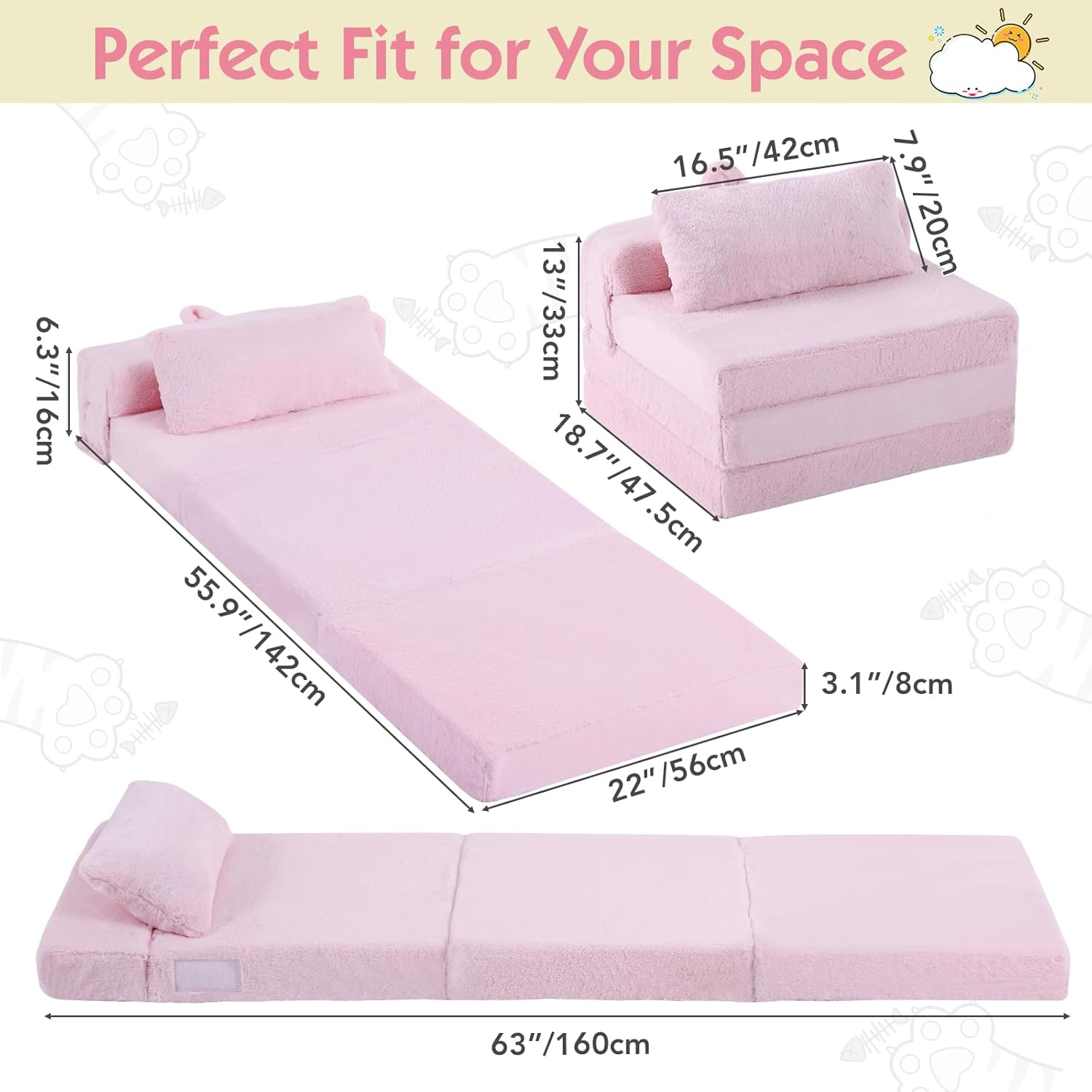 Foldable Floor Mattress with Pillow for Kids, Toddler Washable Tri Folding Floor Nap Mat for Sleeping Daycare, Child Trifold Futon Sofa Bed with Storage Bag for Playroom Girls and Boys, Pink