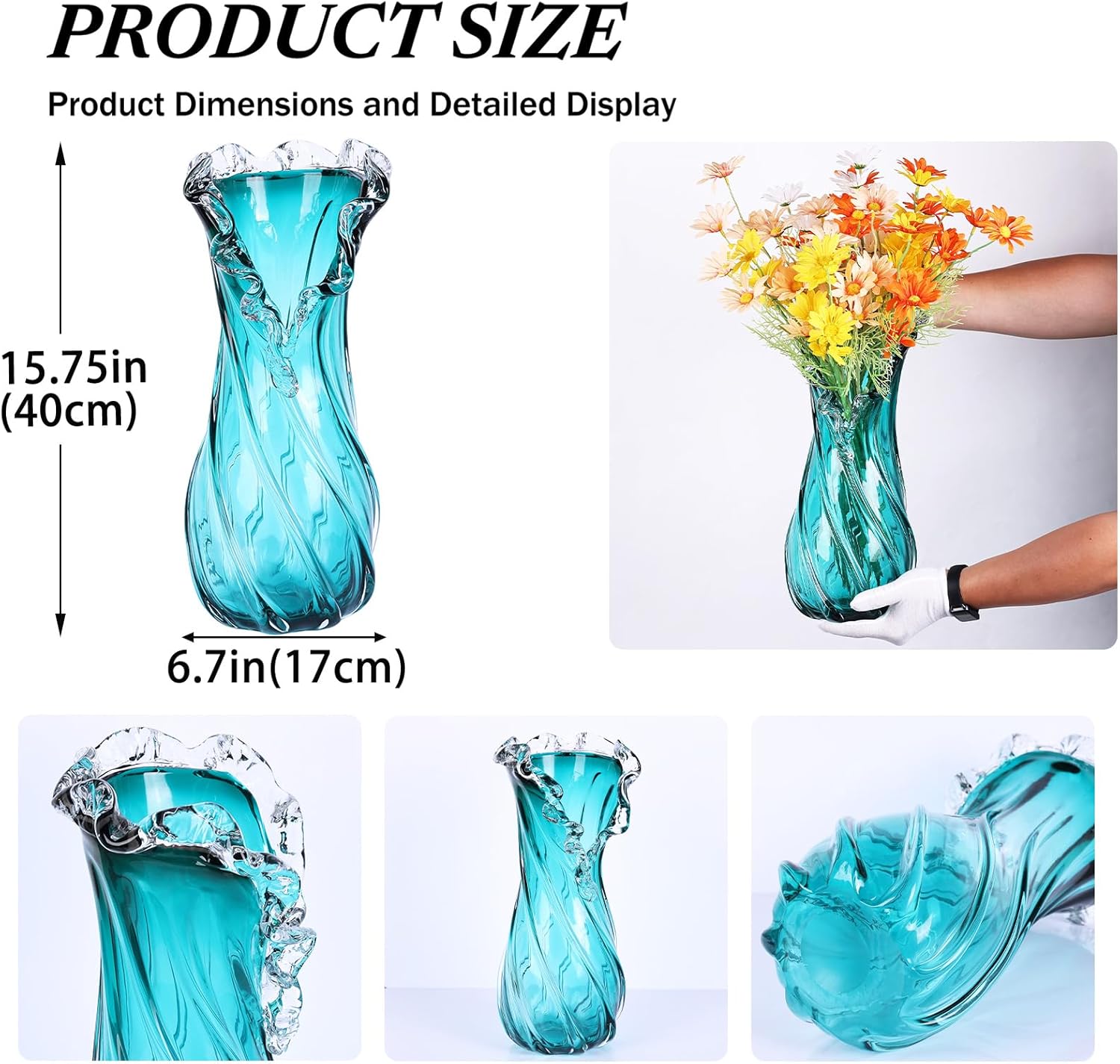 Vases Home Decor - 16In Crystal Vase, Glass Blue Vase, Flower Holders for Bouquet, Centerpieces & Single Stems, Tall for Roses, Dried Flowers, Pampas Grass, Fits Living Room Bedroom Office (L) - Image 3