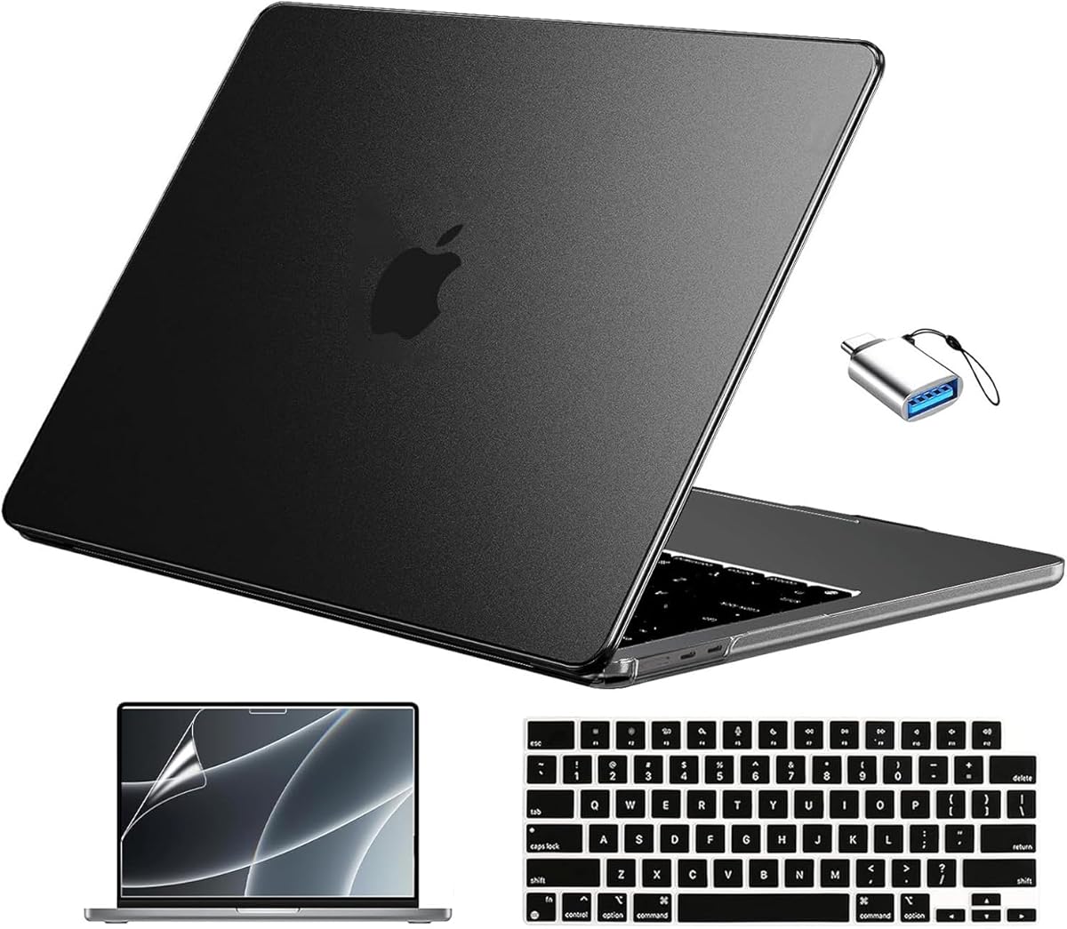 EooCoo Case Compatible with MacBook Air 13 inch M4 2025 2024 2023 2022 M3 M2 A3240 A3113 A2681, Black Air 13.6" Laptop Hard Shell Case + Keyboard Skin Cover + Screen Protector, Frost Space Black